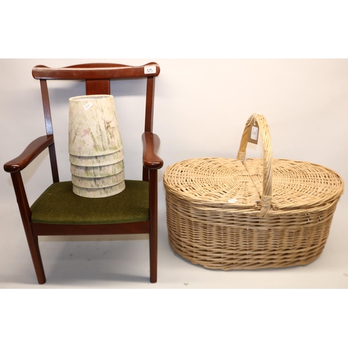 325 - C20th mahogany finish child's chair, wicker picnic basket and a set of five hall/centre lamp shades