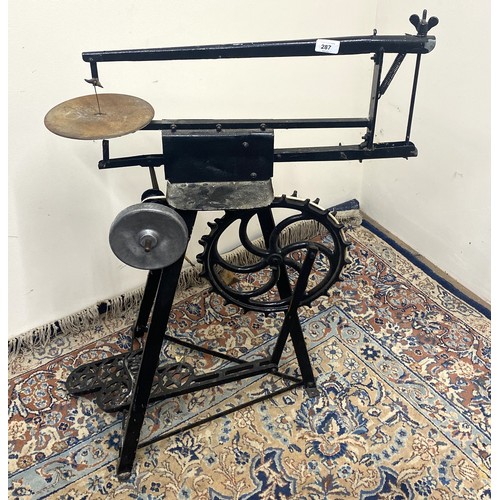 287 - Vintage 'Hobbies' jigsaw lathe tool with foot pedal action and metal frame construction, H82cm