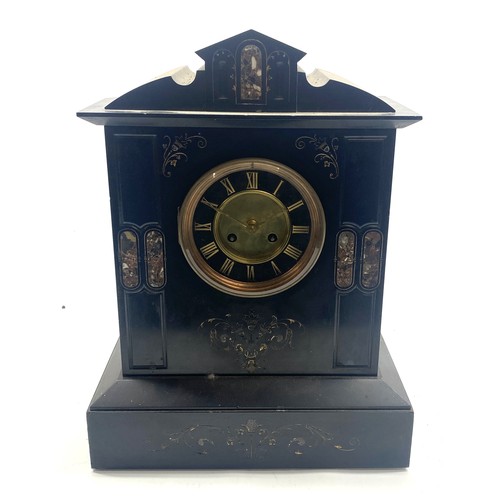 219 - C19th French slate and marble mantel clock, stepped dial with brass centre and Roman chapter ring, t... 