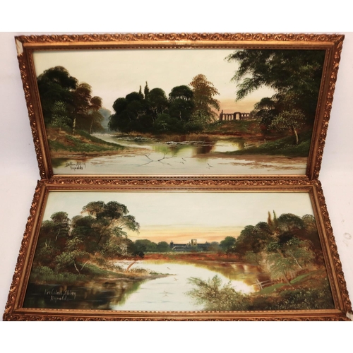 414 - Reynolds (British early C20th); 'Bolton Abbey & Kirkstall Abbey' pair of oils on ceramic panels, sig... 