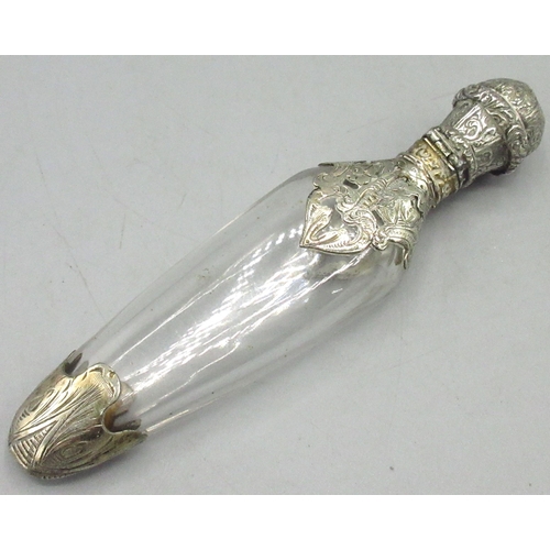 102 - French silver-gilt mounted clear glass scent bottle, clear glass tapering bottle with openwork and e... 