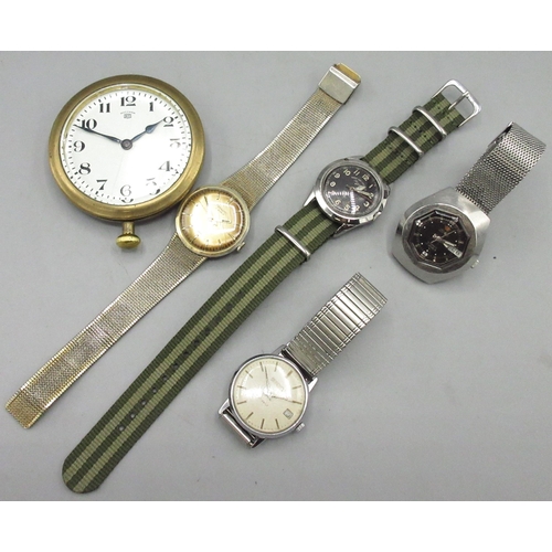 94 - West End Watch Co. Sowan Prima stainless steel military style wristwatch; Esperanto gold plated wris... 