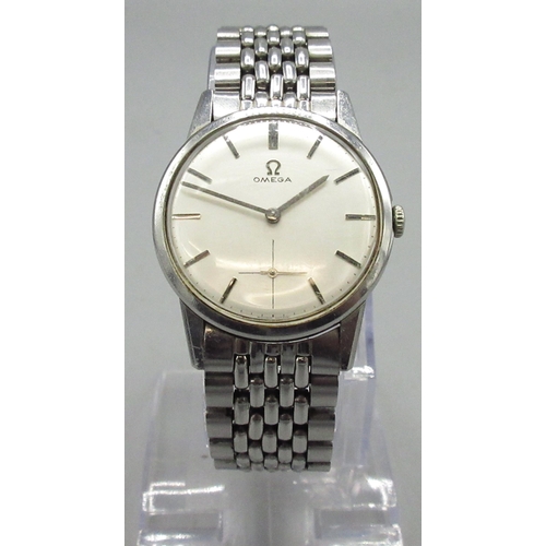 95 - 1960's Omega stainless steel wristwatch, signed silvered dial with applied baton hours with subsidia...