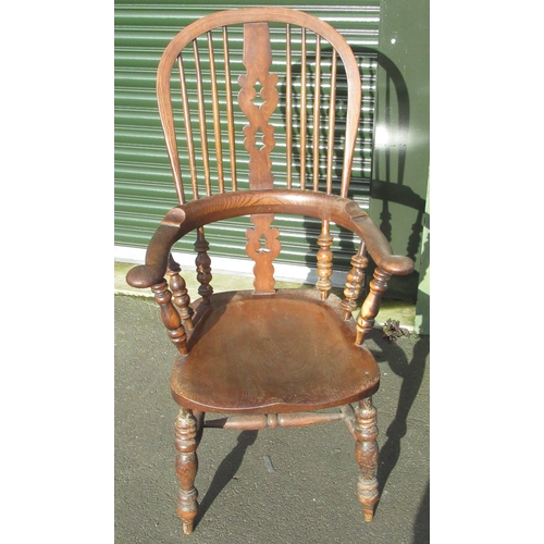 1196 - C19th ash and elm broad arm, high back Windsor chair on turned supports joined by stretchers