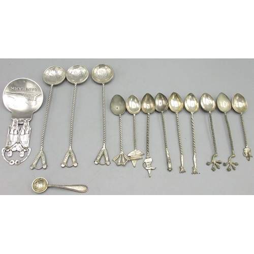 169 - Various spoons including three Indian rupee salt spoons, nine souvenir spoons and an arts & crafts D... 