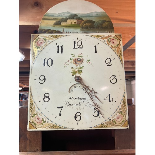 311A - Long case oak and mahogany inlay clock with column design hood, attributed  to ‘ M. Johnson Barnards... 