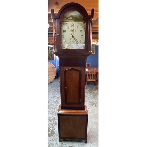 311A - Long case oak and mahogany inlay clock with column design hood, attributed  to ‘ M. Johnson Barnards... 