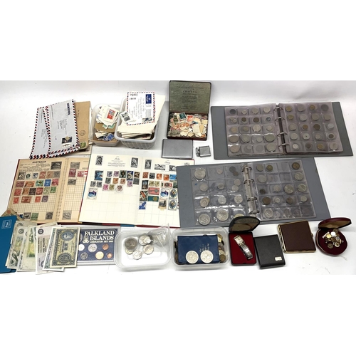 285 - Mixed collection of GB & international stamps, bank notes and coins, cigarette cases, and a Rytima w... 