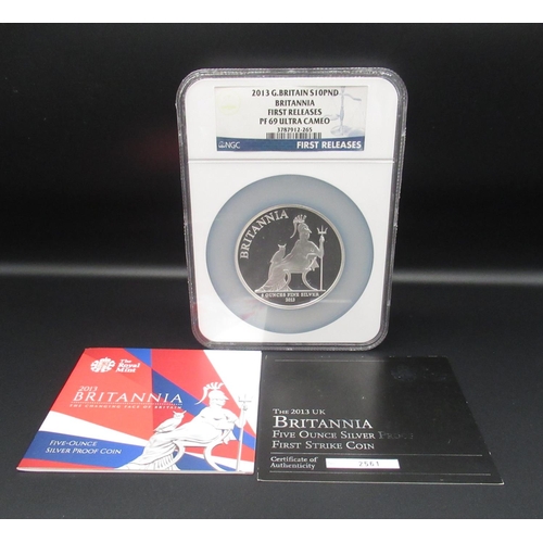 404 - Royal Mint NGC 2013 G.Britain S10PND Britannia First Releases PF 69 Ultra Cameo, Five Ounce Silver P... 