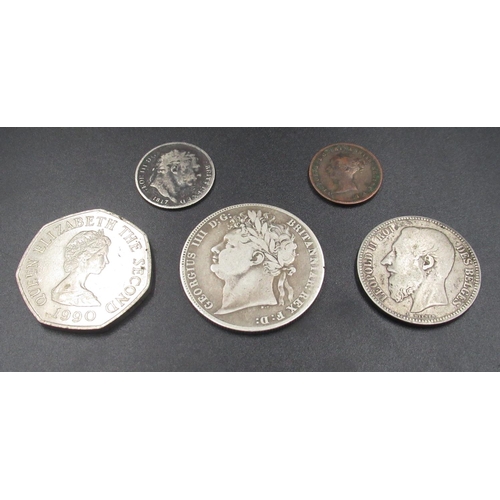 439 - George IV 1820 Half Crown, George III 1817 Sixpence, Leopold II 1867 2 Francs, 1844 Half Farthing an... 