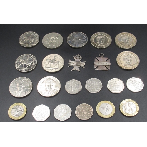 444 - Assorted collection of £5, £2 and 50p coins, 2 silver hallmarked study medals and 7 Pre-1947 GB silv... 