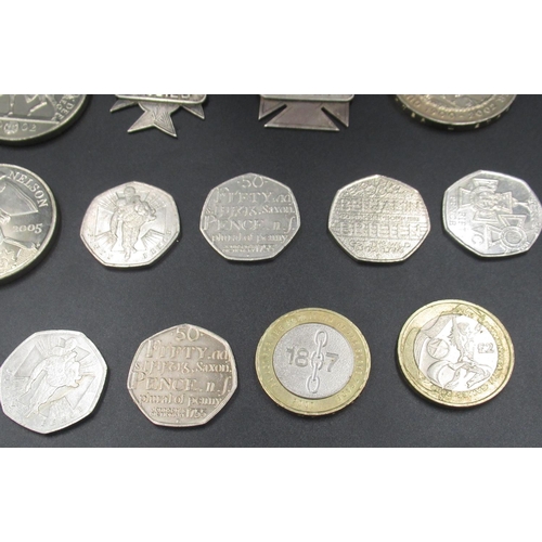 444 - Assorted collection of £5, £2 and 50p coins, 2 silver hallmarked study medals and 7 Pre-1947 GB silv... 