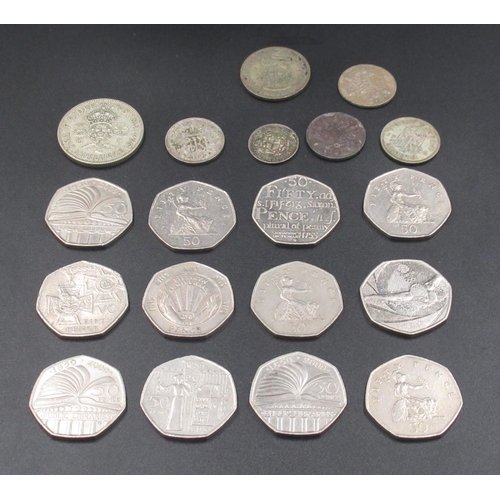 444 - Assorted collection of £5, £2 and 50p coins, 2 silver hallmarked study medals and 7 Pre-1947 GB silv... 