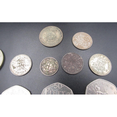 444 - Assorted collection of £5, £2 and 50p coins, 2 silver hallmarked study medals and 7 Pre-1947 GB silv... 