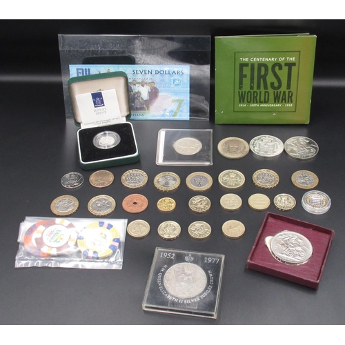 445 - Royal Mint 1990 Silver Piedfort Five Pence coin, Fiji Rugby 7s Gold Olympians 7 dollar note, 2014 Th... 