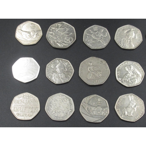 446 - Collection of 50p coins inc. Stephen Hawking, Beatrix Potter, Paddington Bear, Battle of Britain, et... 