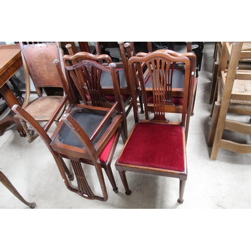 670 - Set of six Edwardian mahogany dining chairs, with drop in seats on turned supports, and a small oak ... 