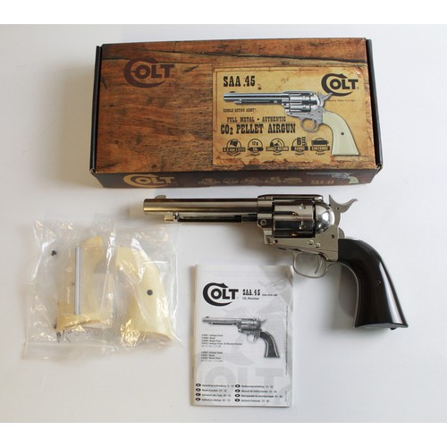 542 - Boxed as new Colt SAA. 45 CO2 Revolver. Nickel finish with spare pair of handles. Calibre .177 pelle... 