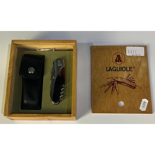 589 - Laguiole multi functional multi tool in presentation box complete with leather belt pouch.
 Blade le... 