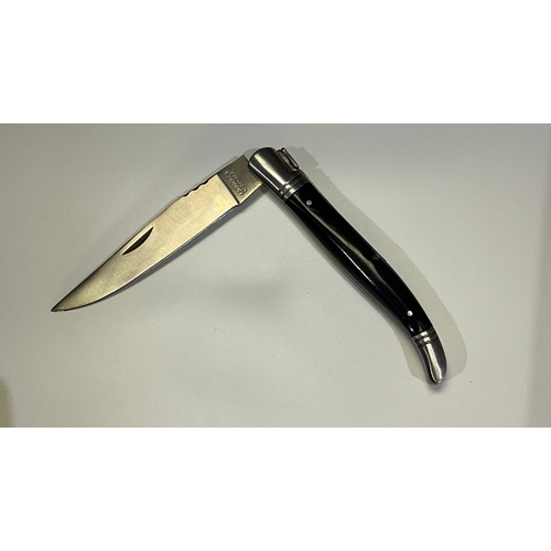 591 - Laguiole l'eclair 440 pocket knife with bumblebee and chased back two piece ebony handle in presenta... 