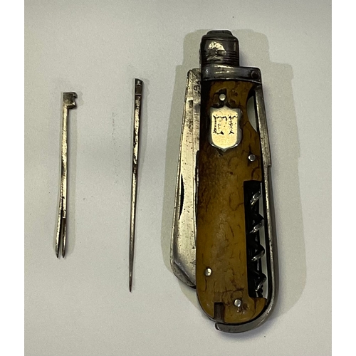 592 - John Wigfall and Co early horseman’s utility knife comprising of 2 knife blades, saw blade, cork scr... 