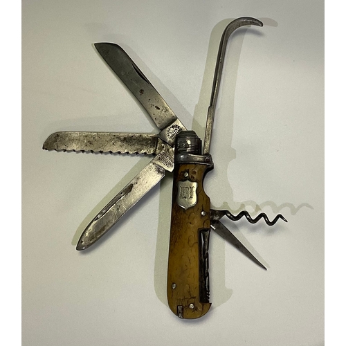 592 - John Wigfall and Co early horseman’s utility knife comprising of 2 knife blades, saw blade, cork scr... 