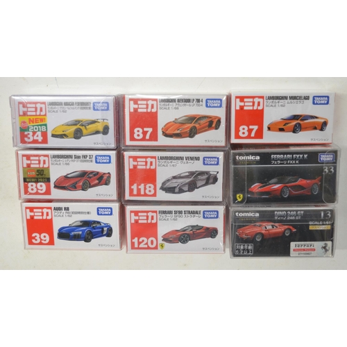 267 - Eighteen boxed small scale diecast model sports cars from Takara Tomy, all Japanese imports to inclu... 