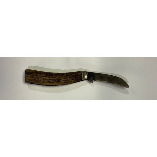 598 - Vintage pruning knife with antler handle by Synop of Sheffield, Blade length 7.5cm, overall length 1... 