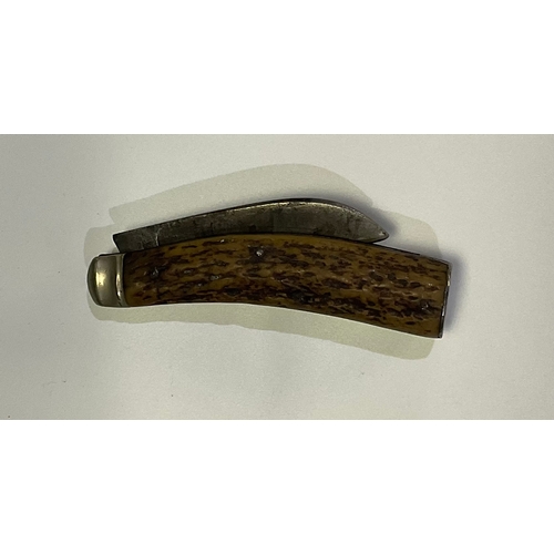 598 - Vintage pruning knife with antler handle by Synop of Sheffield, Blade length 7.5cm, overall length 1... 