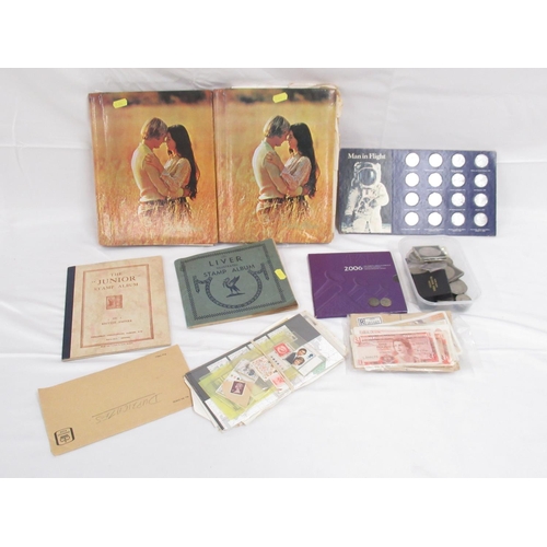 459 - Collection of c20th GB coins, bank notes and stamps, stamps loose and in 2 albums & 2 folders