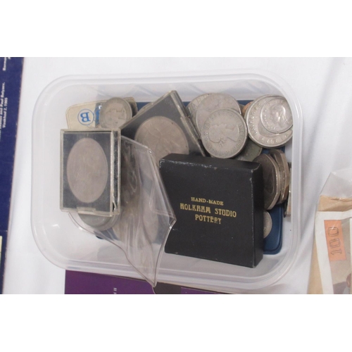 459 - Collection of c20th GB coins, bank notes and stamps, stamps loose and in 2 albums & 2 folders