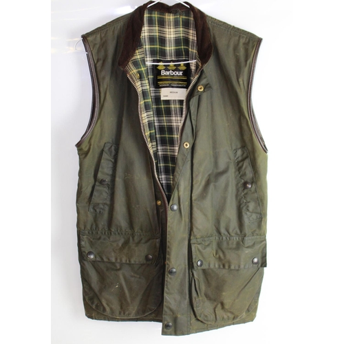 611 - Barbour waxed olive green unisex gilet, cotton tartan lining, size medium