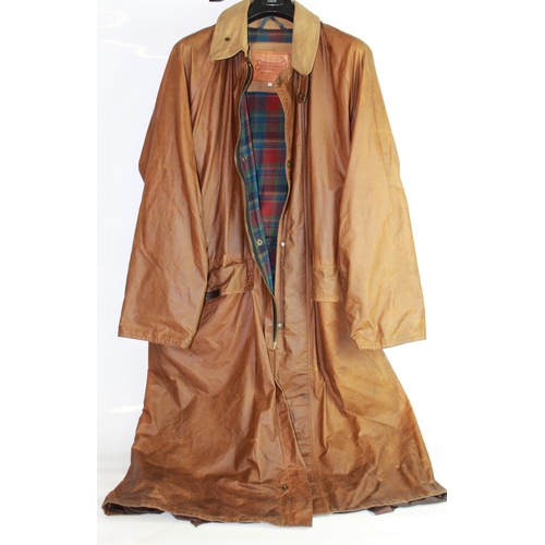 618 - Driza-Bone waxed trench coat in tan, cotton tartan lining, size XXL