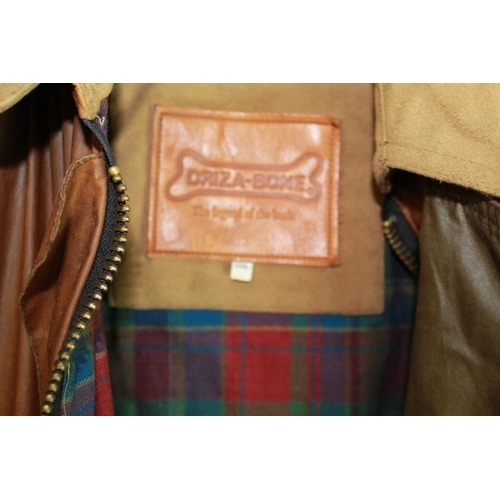 618 - Driza-Bone waxed trench coat in tan, cotton tartan lining, size XXL