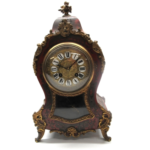 320 - C20th French red Boulle mantel clock, waisted case with applied cast brass mounts, brass bezel enclo... 