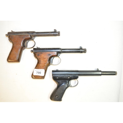 632 - Three Diana Mod II .177 Gat air pistols, 2 with wooden grips and black barrels in full working order... 