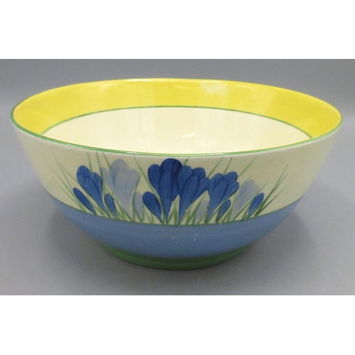 131 - Clarice Cliff blue Crocus pattern bowl, hand painted and signed, D17.5cm, A/F