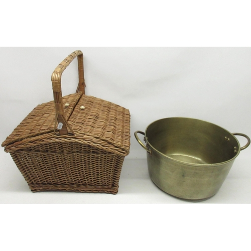 142 - Large brass jam pan with twin handles, D34cm, and a wicker picnic basket, H45cm (2)