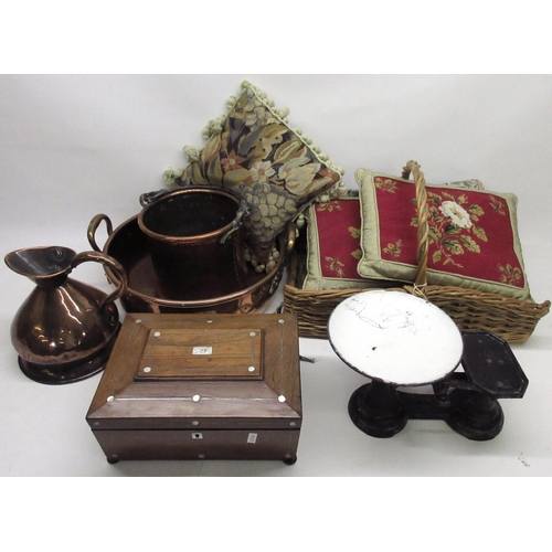 234 - C19th rosewood sewing box with mother of pearl inlay, wicker flower basket, three needlepoint cushio... 