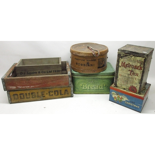 276 - Three wooden crates, two flour containers, and a collection of vintage food tins and boxes (qty.)