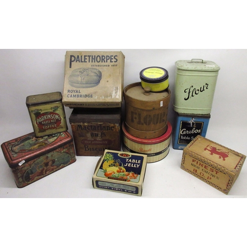 276 - Three wooden crates, two flour containers, and a collection of vintage food tins and boxes (qty.)