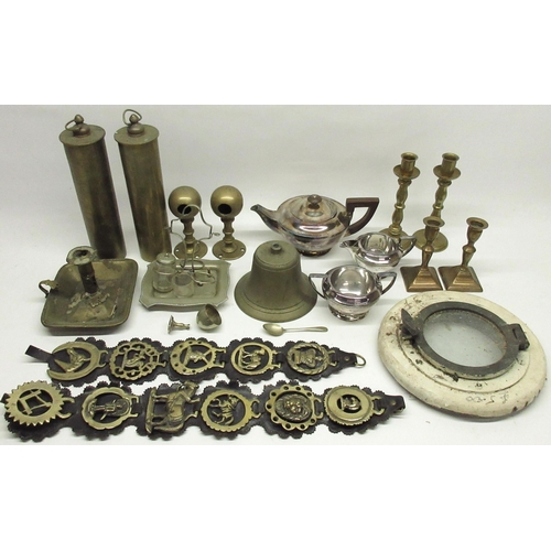 277 - Mixed metalware incl. port hole, two pairs of brass candlesticks, horse brasses, silver plate tea se... 