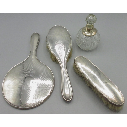 72 - Art Deco silver vanity set with engine turned pattern, incl mirror, two brushes, by Daniel Manufactu... 