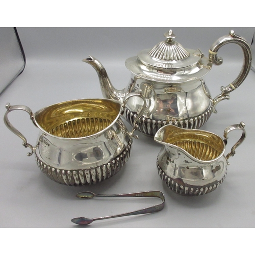 73 - Victorian silver matched three piece tea service, teapot, twin handled sugar bowl and milk jug, part... 