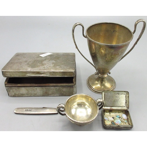 76 - Two hallmarked silver presentation cups, Victorian silver pocket knife, wood lined silver box and a ... 