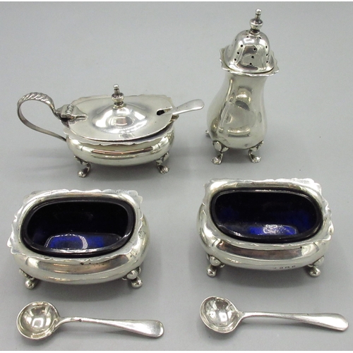 80 - Silver cruet set, incl. two Edwardian salts with blue liners & two salt spoons, by E S Barnsley & Co... 