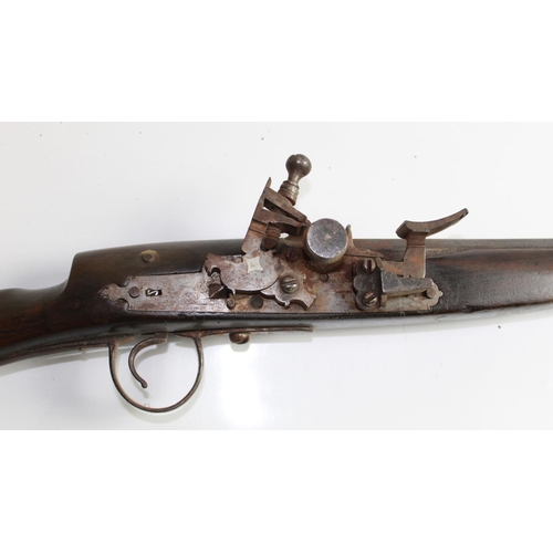 530 - Late C19th Flintlock Camel musket. Middle Eastern with 46.5 Barrel and four brass bands