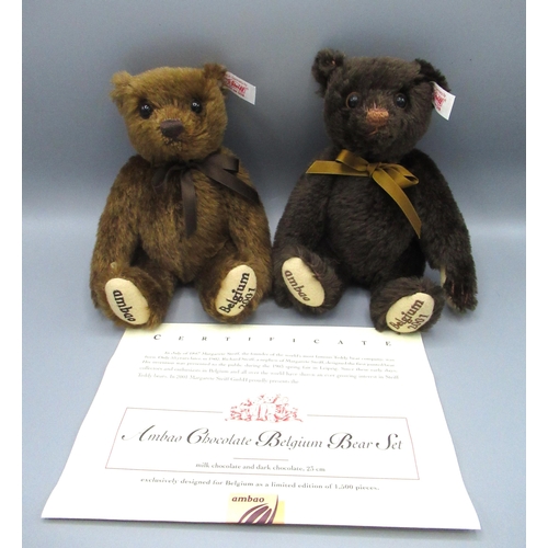 157 - WITHDRAWN Steiff Ambao Chocolate Belgium Bear Set, pair of brown mohair teddy bears (missing their w... 