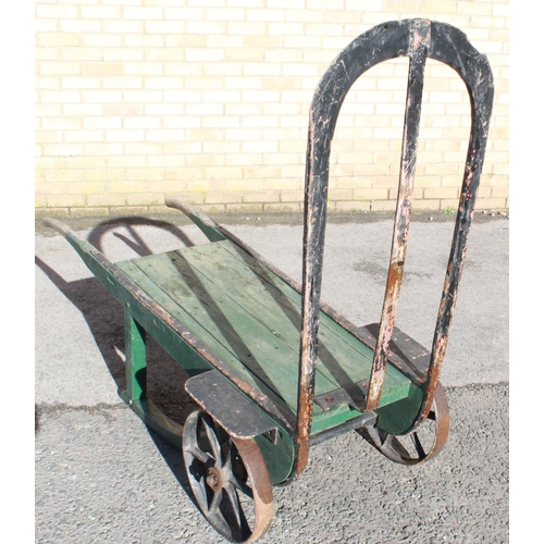 1206 - C20th heavy duty luggage 2 wheel trolley, L163cm W52cm H48cm, metal trolley rack approx. 100cm, whee... 