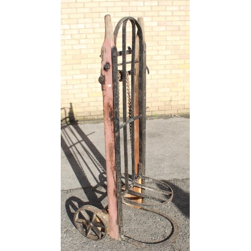 1208 - C20th sack elevator porters trolley with ratchet handle, L151cm W 49c, luggage rack 38cm, wheel diam... 